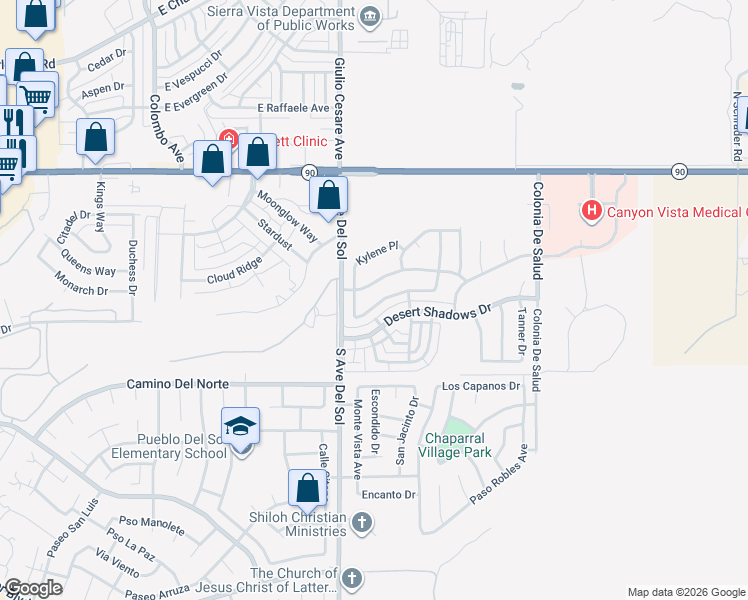 map of restaurants, bars, coffee shops, grocery stores, and more near 5289 Cedar Springs Drive in Sierra Vista