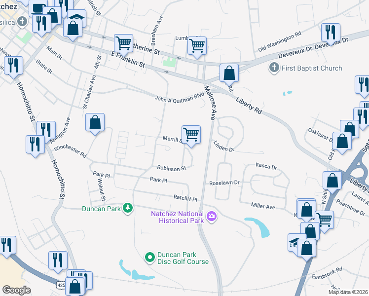 map of restaurants, bars, coffee shops, grocery stores, and more near 1817 Wheeler Drive in Natchez
