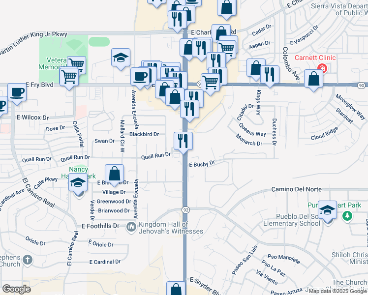 map of restaurants, bars, coffee shops, grocery stores, and more near 570 Arizona 92 in Sierra Vista