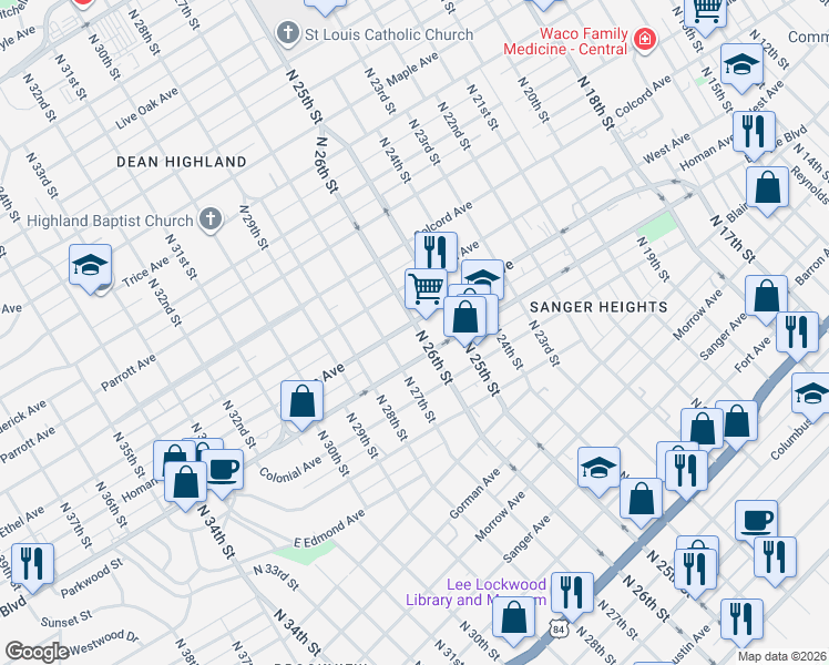 map of restaurants, bars, coffee shops, grocery stores, and more near 2622 Homan Avenue in Waco