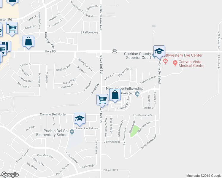 map of restaurants, bars, coffee shops, grocery stores, and more near 5289 Cedar Springs Drive in Sierra Vista
