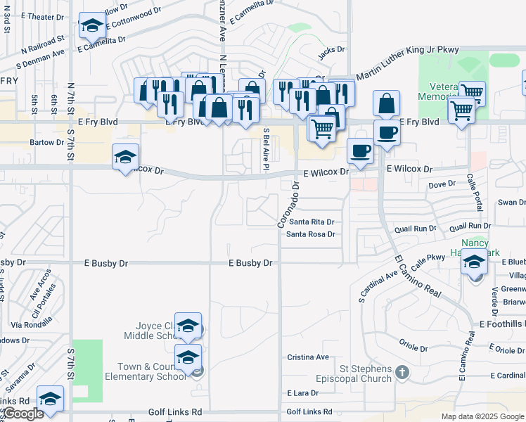 map of restaurants, bars, coffee shops, grocery stores, and more near 520 South Coronado Drive in Sierra Vista