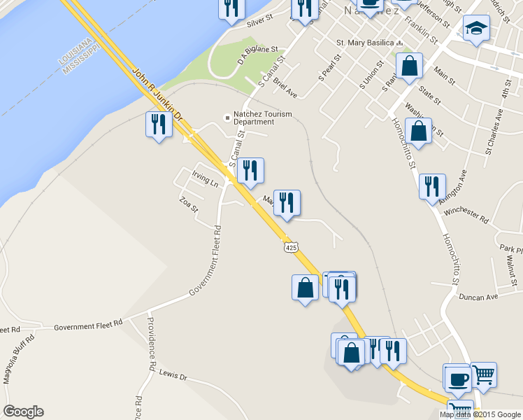 map of restaurants, bars, coffee shops, grocery stores, and more near 243 John R Junkin Drive in Natchez