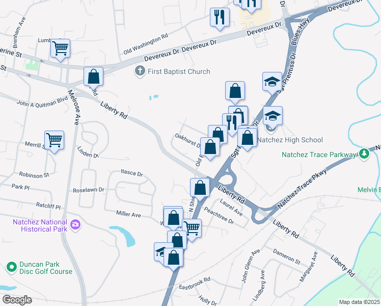 map of restaurants, bars, coffee shops, grocery stores, and more near 9 Oakhurst Drive in Natchez