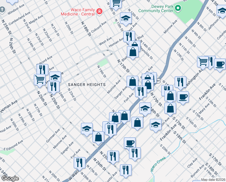map of restaurants, bars, coffee shops, grocery stores, and more near 1917 Sanger Avenue in Waco