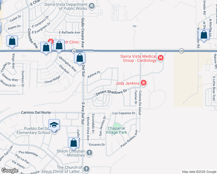 map of restaurants, bars, coffee shops, grocery stores, and more near 5386 Cedar Springs Drive in Sierra Vista