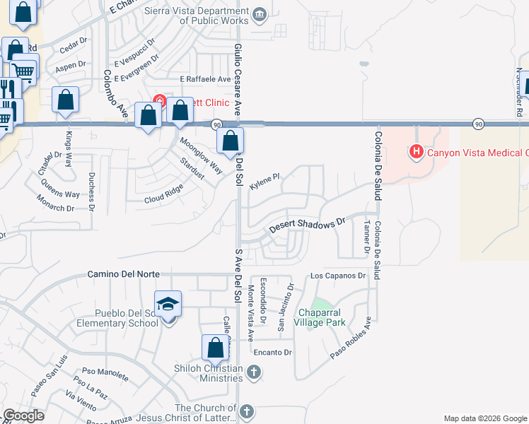 map of restaurants, bars, coffee shops, grocery stores, and more near 5277 Cedar Springs Drive in Sierra Vista