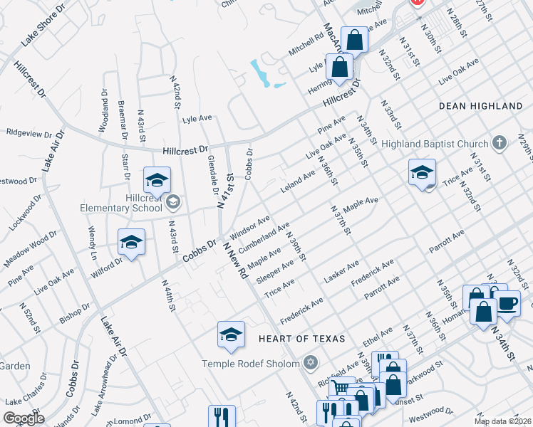 map of restaurants, bars, coffee shops, grocery stores, and more near 3901 Cumberland Avenue in Waco