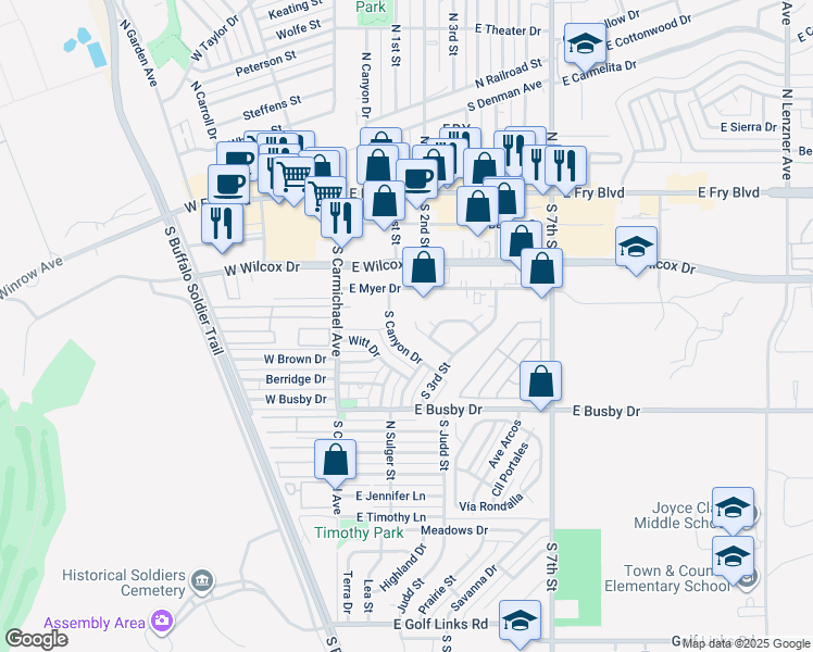 map of restaurants, bars, coffee shops, grocery stores, and more near 515 Camino Mojado in Sierra Vista