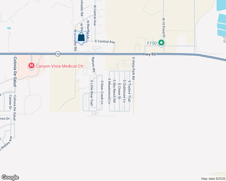 map of restaurants, bars, coffee shops, grocery stores, and more near 559 South Meadowood Lane in Sierra Vista