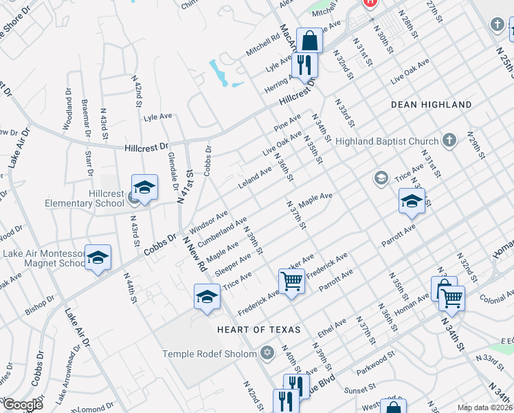 map of restaurants, bars, coffee shops, grocery stores, and more near 3816 Cumberland Avenue in Waco