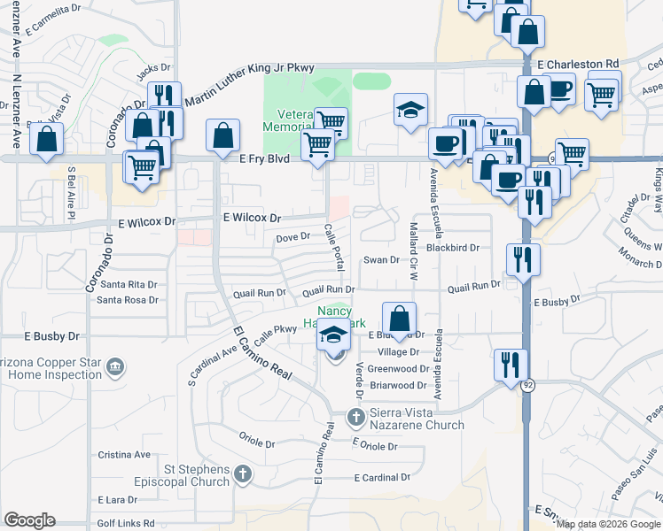 map of restaurants, bars, coffee shops, grocery stores, and more near 3065 Quail Run Drive in Sierra Vista