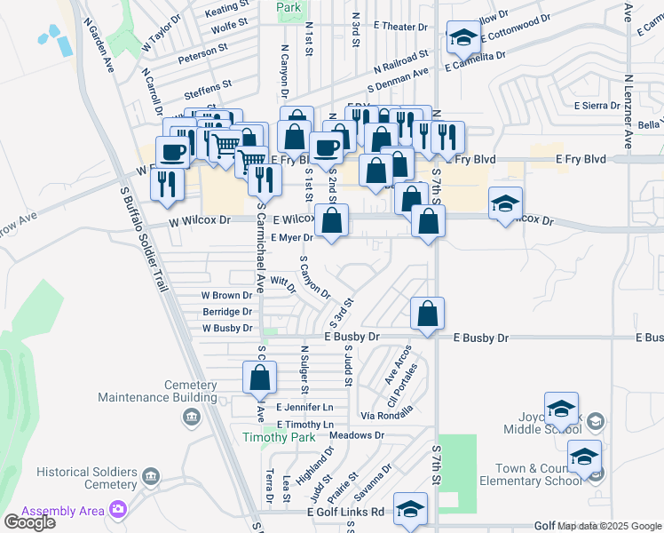 map of restaurants, bars, coffee shops, grocery stores, and more near 515 Camino Mojado in Sierra Vista