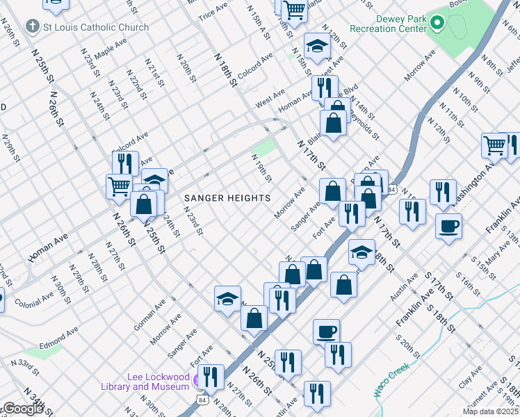 map of restaurants, bars, coffee shops, grocery stores, and more near 916 North 20th Street in Waco