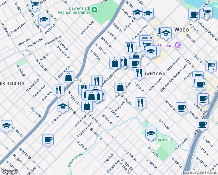map of restaurants, bars, coffee shops, grocery stores, and more near 1300 Washington Avenue in Waco