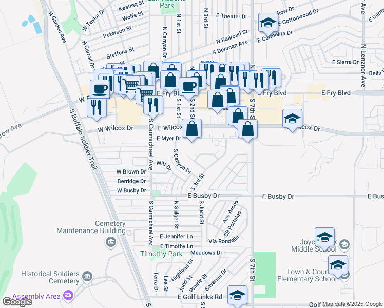 map of restaurants, bars, coffee shops, grocery stores, and more near 420 Camino Mojado in Sierra Vista
