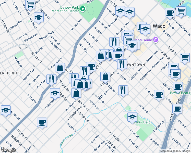 map of restaurants, bars, coffee shops, grocery stores, and more near 1300 Washington Avenue in Waco