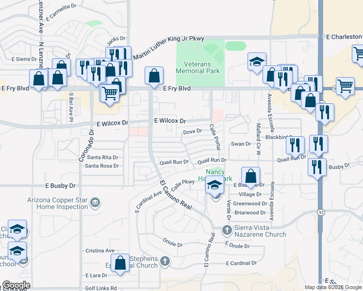 map of restaurants, bars, coffee shops, grocery stores, and more near 2864 Dove Drive in Sierra Vista