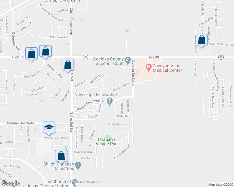 map of restaurants, bars, coffee shops, grocery stores, and more near Desert Willow Loop in Sierra Vista