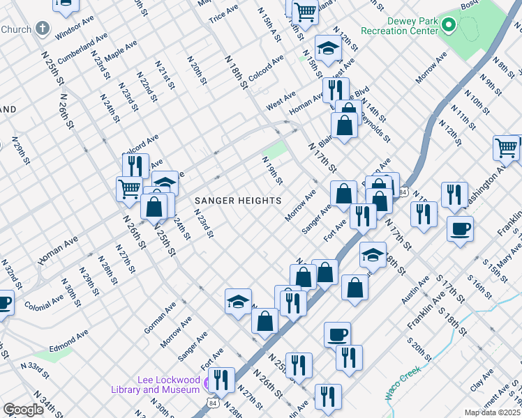 map of restaurants, bars, coffee shops, grocery stores, and more near 916 North 20th Street in Waco