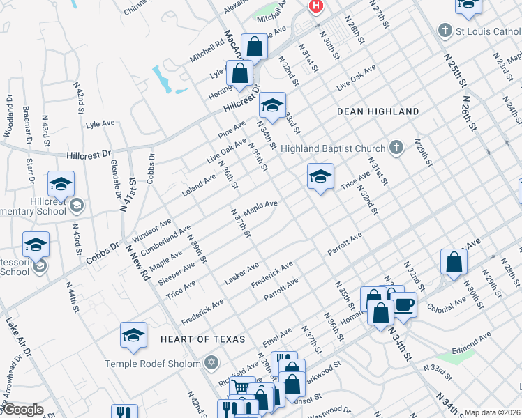 map of restaurants, bars, coffee shops, grocery stores, and more near 3600 Maple Avenue in Waco