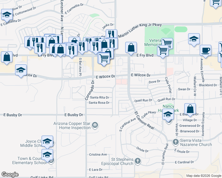 map of restaurants, bars, coffee shops, grocery stores, and more near 2251 Santa Catalina Drive in Sierra Vista