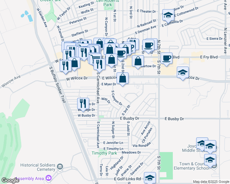 map of restaurants, bars, coffee shops, grocery stores, and more near 3734 East Myer Drive in Sierra Vista