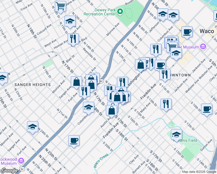 map of restaurants, bars, coffee shops, grocery stores, and more near 1503 Columbus Avenue in Waco