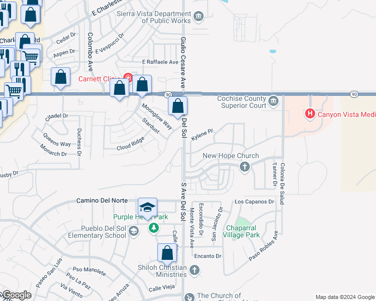map of restaurants, bars, coffee shops, grocery stores, and more near 5207 Kylene Place in Sierra Vista