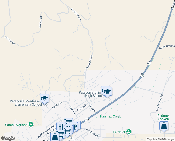 map of restaurants, bars, coffee shops, grocery stores, and more near 596 Gringo Road in Patagonia