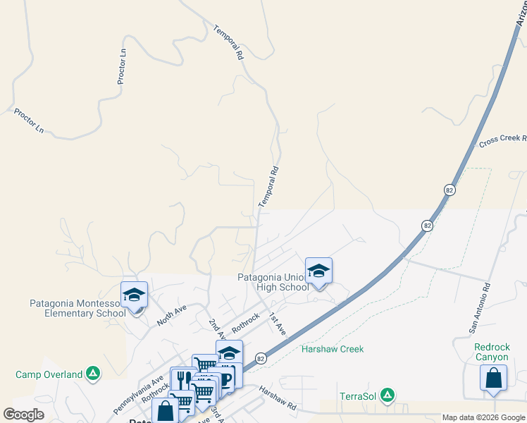 map of restaurants, bars, coffee shops, grocery stores, and more near 596 Gringo Road in Patagonia