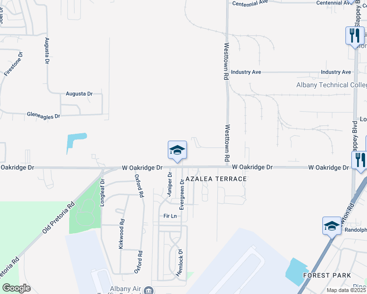 map of restaurants, bars, coffee shops, grocery stores, and more near 1425 West Oakridge Drive in Albany