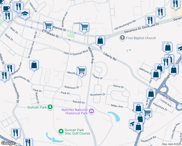map of restaurants, bars, coffee shops, grocery stores, and more near Melrose Avenue in Natchez
