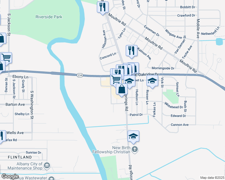 map of restaurants, bars, coffee shops, grocery stores, and more near 1511 Radium Springs Road in Albany