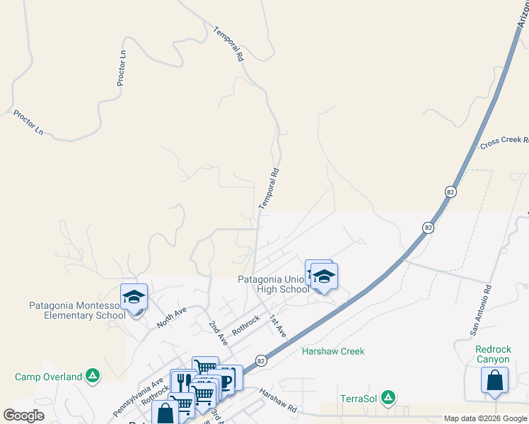 map of restaurants, bars, coffee shops, grocery stores, and more near 596 Gringo Road in Patagonia