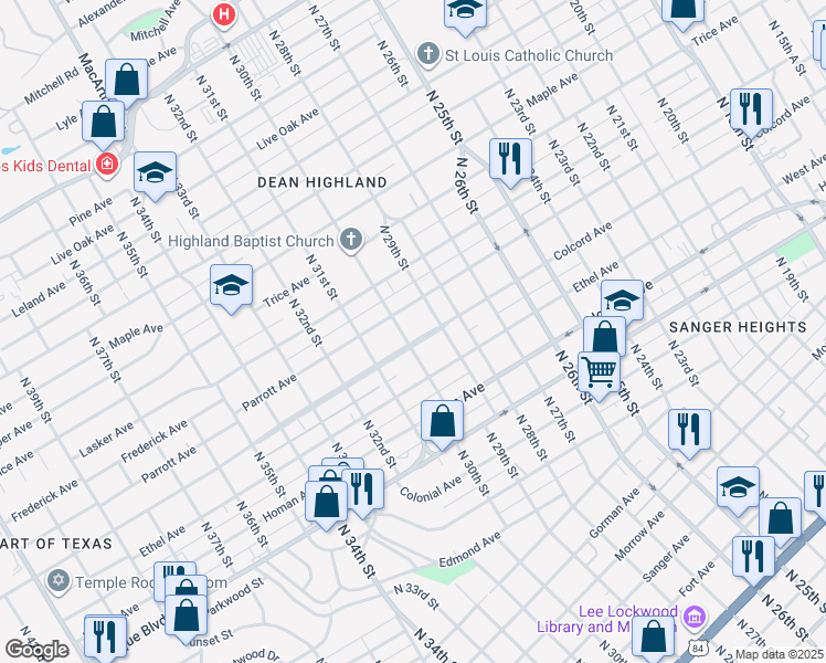 map of restaurants, bars, coffee shops, grocery stores, and more near 2911 Colcord Avenue in Waco