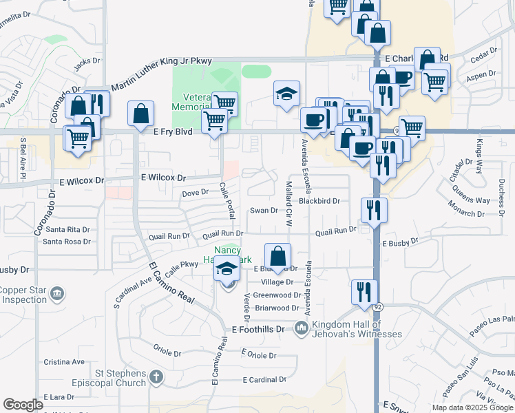 map of restaurants, bars, coffee shops, grocery stores, and more near 3301 Swan Drive in Sierra Vista