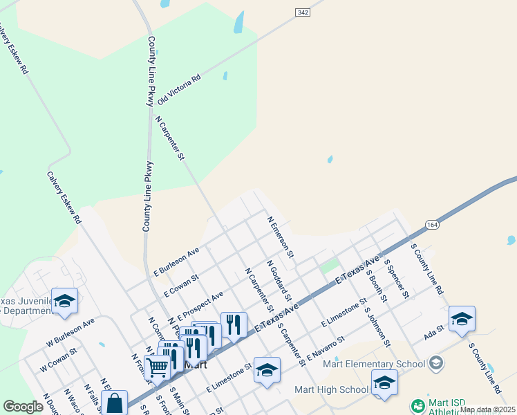 map of restaurants, bars, coffee shops, grocery stores, and more near 504 North Emerson Street in Mart
