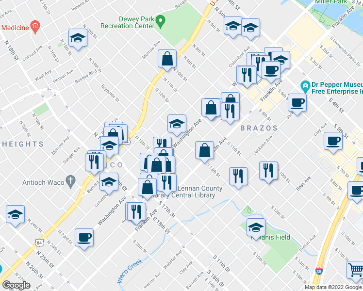map of restaurants, bars, coffee shops, grocery stores, and more near 1300 Washington Avenue in Waco