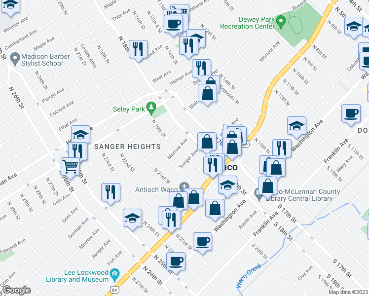 map of restaurants, bars, coffee shops, grocery stores, and more near 1818 Morrow Avenue in Waco