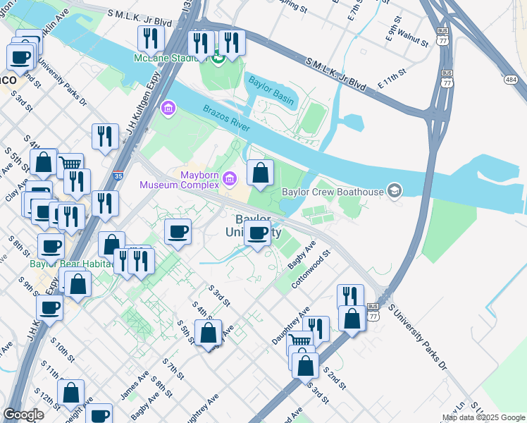 map of restaurants, bars, coffee shops, grocery stores, and more near 1506 South University Parks Drive in Waco