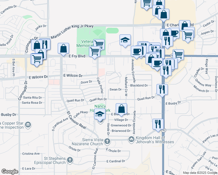map of restaurants, bars, coffee shops, grocery stores, and more near 3301 Swan Drive in Sierra Vista