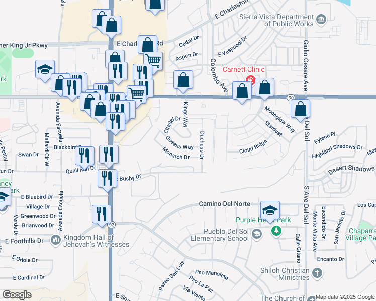 map of restaurants, bars, coffee shops, grocery stores, and more near 4638 Queens Way in Sierra Vista