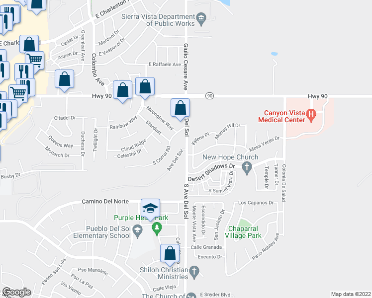 map of restaurants, bars, coffee shops, grocery stores, and more near 508 Avenue Del Sol in Sierra Vista