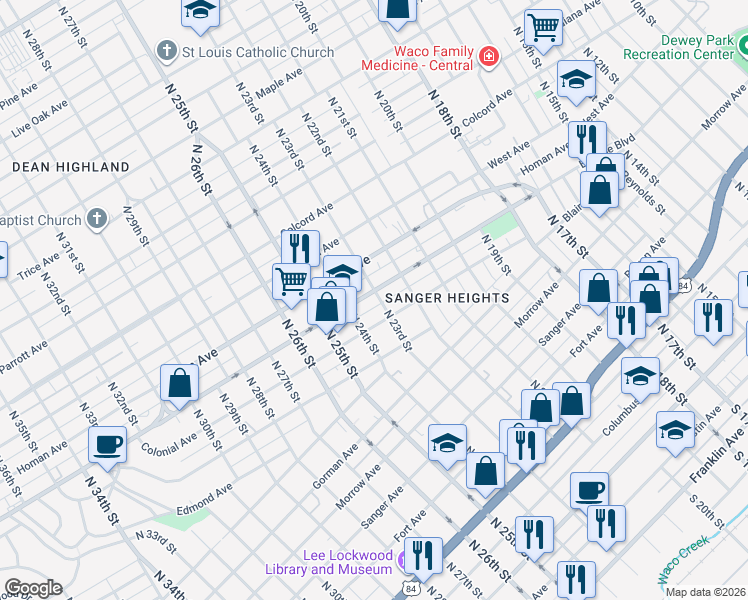 map of restaurants, bars, coffee shops, grocery stores, and more near 2300 Bosque Boulevard in Waco