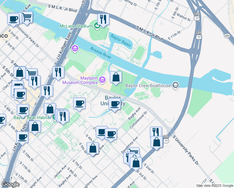 map of restaurants, bars, coffee shops, grocery stores, and more near 1500 South University Parks Drive in Waco