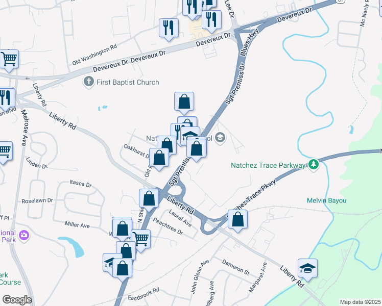 map of restaurants, bars, coffee shops, grocery stores, and more near 315 Sgt Prentiss Drive in Natchez