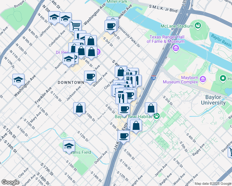 map of restaurants, bars, coffee shops, grocery stores, and more near 702 South 6th Street in Waco