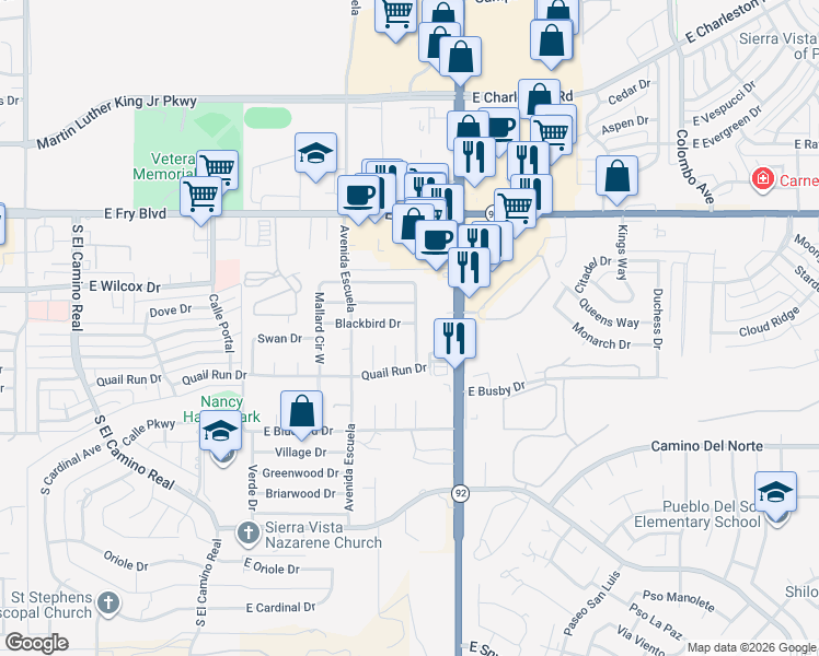 map of restaurants, bars, coffee shops, grocery stores, and more near 500 Mallard Circle East in Sierra Vista