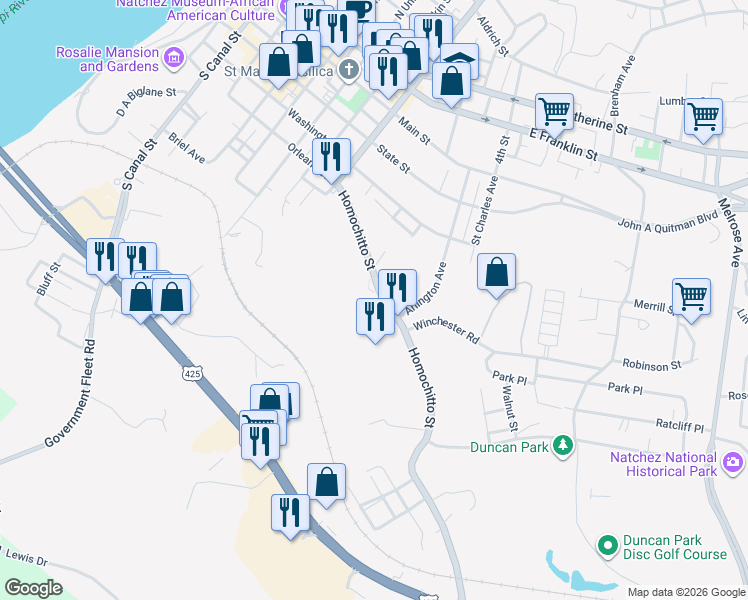 map of restaurants, bars, coffee shops, grocery stores, and more near 70 Homochitto Street in Natchez